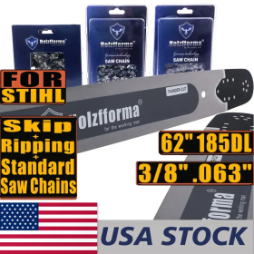 US STOCK -Holzfforma 62Inch 3/8" .063"185 Drive Links Solid Guide Bar Full Chisel Saw Skip Ripping Chain Combo For ST MS660 MS661 MS650 066 064 Chains