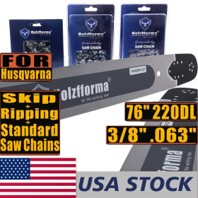 US STOCK -Holzfforma 76Inch 3/8" .063"220 Drive Links Solid Guide Bar Full Chisel Saw Skip Ripping Chain Combo For HUS 365 372 385 390 394 395 480 562