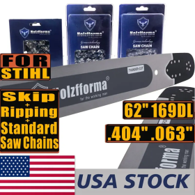 US STOCK -Holzfforma 62Inch .404" .063"169 Drive Links Solid Guide Bar Full Chisel Saw Skip Ripping Chain Combo For ST 088 MS880 070 090 084 076 075 0