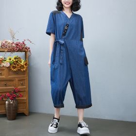 Women's Fashion Drawstring Denim Jumpsuit (Option: Blue-One size)