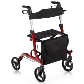 2 In 1 Folding Aluminum Seniors With Seat Rollator Walker (Color: Red, Type: Rehabilitation Equipment)